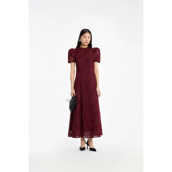 Rotate Birger Christensen Flower Mesh Flared Dress Bordeaux, view 2