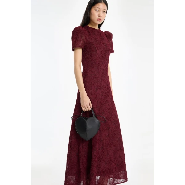 Rotate Birger Christensen Flower Mesh Flared Dress Bordeaux, view 4