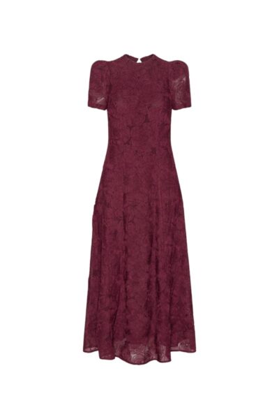 Flower Mesh Flared Dress Bordeaux