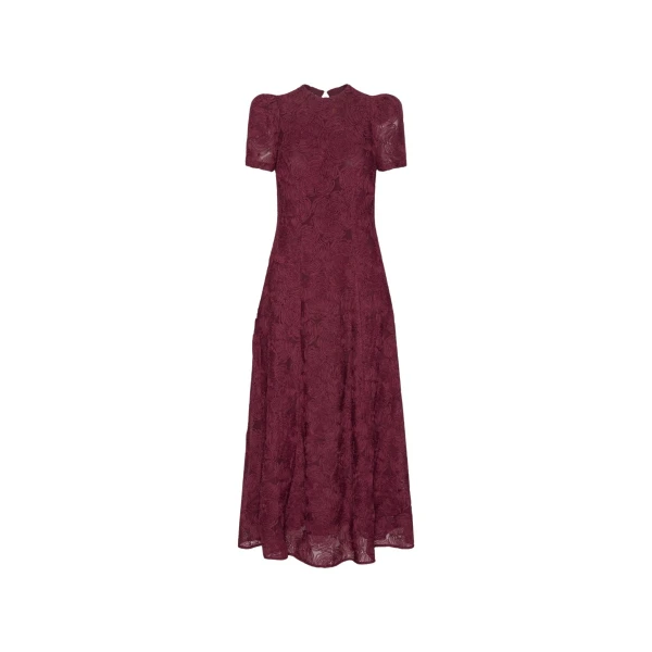 Rotate Birger Christensen Flower Mesh Flared Dress Bordeaux