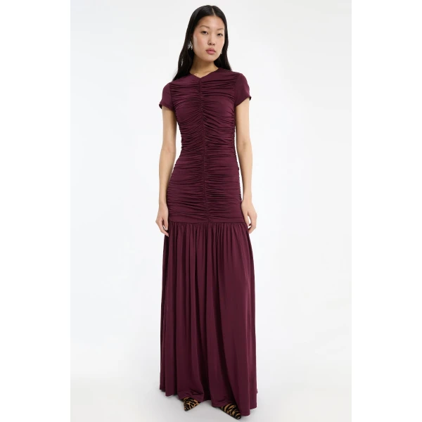 Rotate Birger Christensen Gathered Maxi Dress Bordeaux, view 4