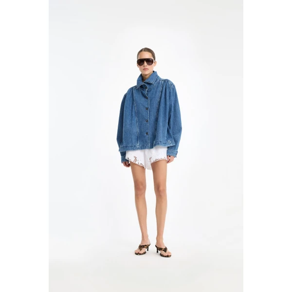 Rotate Birger Christensen Gatherred Denim Jacket Blue, view 2