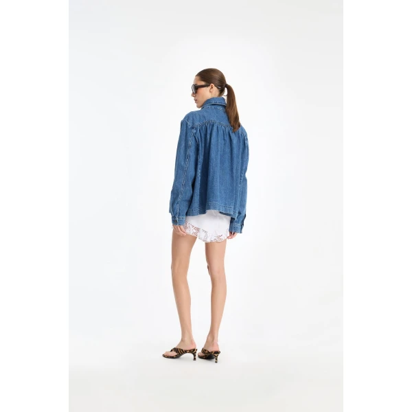 Rotate Birger Christensen Gatherred Denim Jacket Blue, view 3