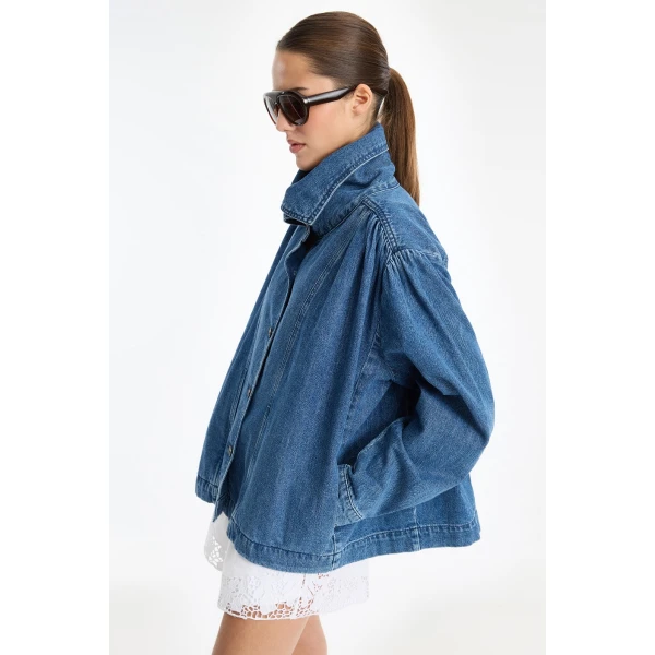 Rotate Birger Christensen Gatherred Denim Jacket Blue, view 4