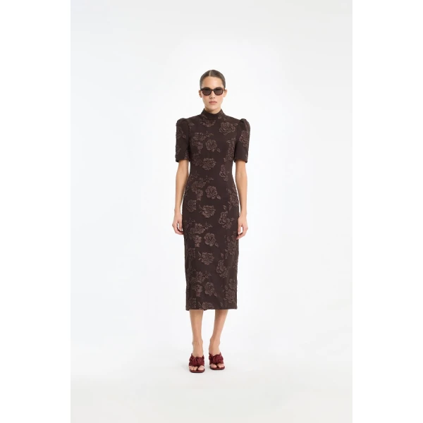 Rotate Birger Christensen Jacquard Midi Dress Dark Brown, view 2