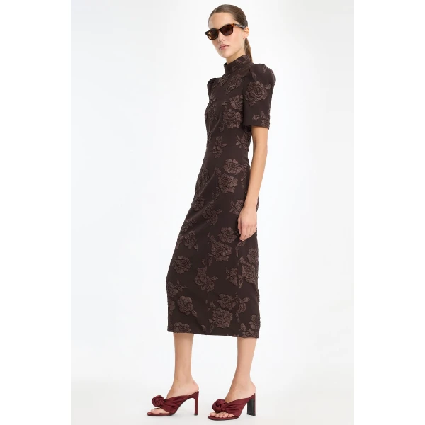 Rotate Birger Christensen Jacquard Midi Dress Dark Brown, view 3