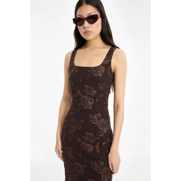 Rotate Birger Christensen Jacquard Sleeveless Dress Dark Brown, view 3