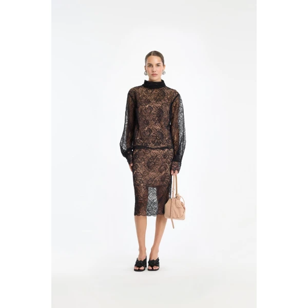 Rotate Birger Christensen Lace Long Sleeve Blouse Black, view 2
