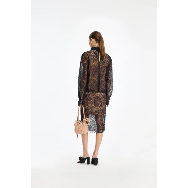 Rotate Birger Christensen Lace Long Sleeve Blouse Black, view 3