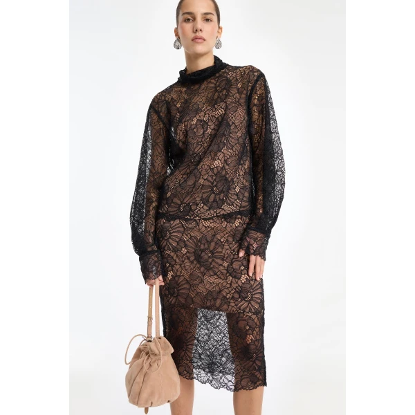 Rotate Birger Christensen Lace Long Sleeve Blouse Black, view 4