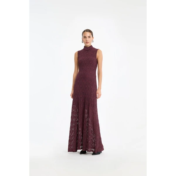Rotate Birger Christensen Lace Maxi Flared Dress Bordeaux, view 2