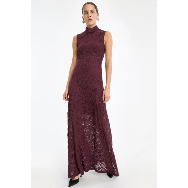 Rotate Birger Christensen Lace Maxi Flared Dress Bordeaux, view 4