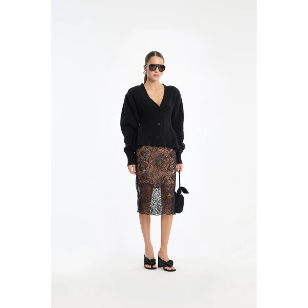 Rotate Birger Christensen Lace Midi Pencil Skirt Black, view 2
