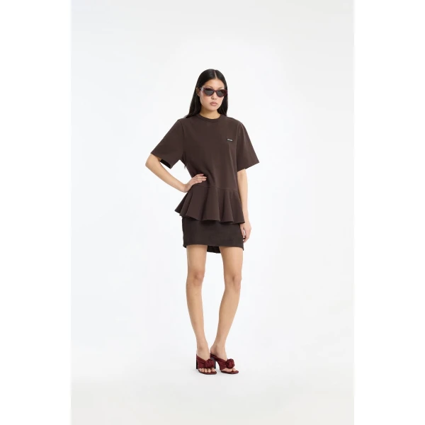 Rotate Birger Christensen Peplum T-shirt Dark Brown Top, view 2