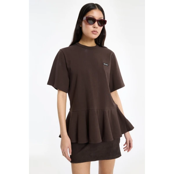 Rotate Birger Christensen Peplum T-shirt Dark Brown Top, view 3