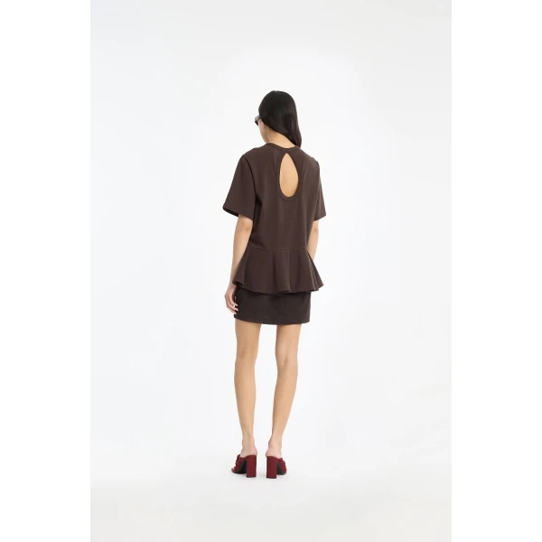 Rotate Birger Christensen Peplum T-shirt Dark Brown Top, view 4
