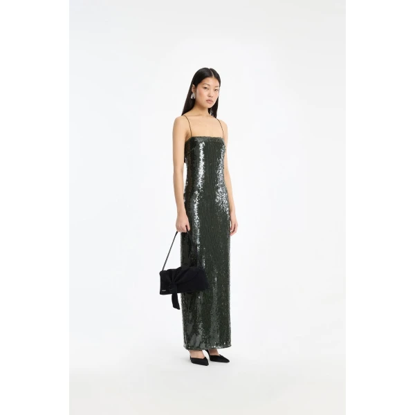 Rotate Birger Christensen Sequins Maxi Slip Dress Dark Green, view 2