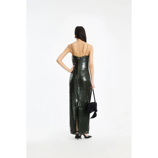 Rotate Birger Christensen Sequins Maxi Slip Dress Dark Green, view 3