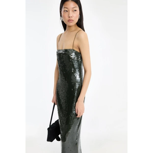 Rotate Birger Christensen Sequins Maxi Slip Dress Dark Green, view 4