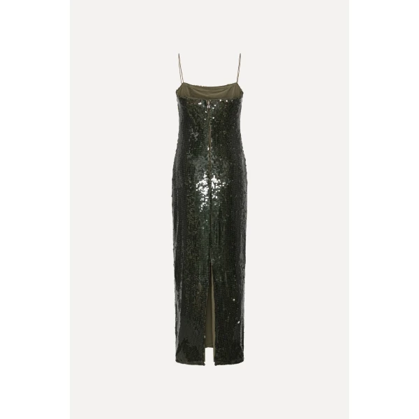 Rotate Birger Christensen Sequins Maxi Slip Dress Dark Green, view 5