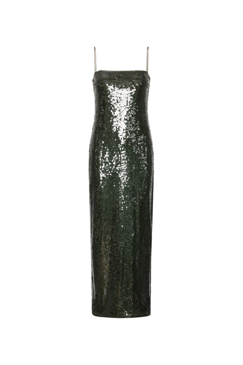 Rotate Birger Christensen Sequins Maxi Slip Dress Dark Green