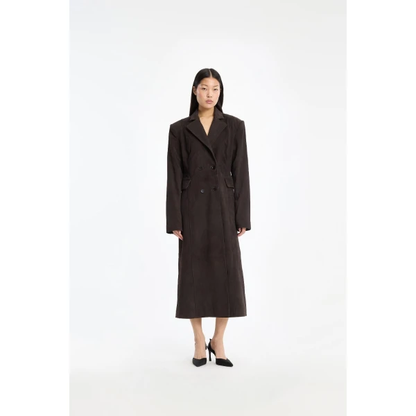 Rotate Birger Christensen Suede Long Coat Dark Brown, view 2