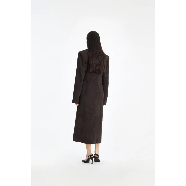 Rotate Birger Christensen Suede Long Coat Dark Brown, view 3