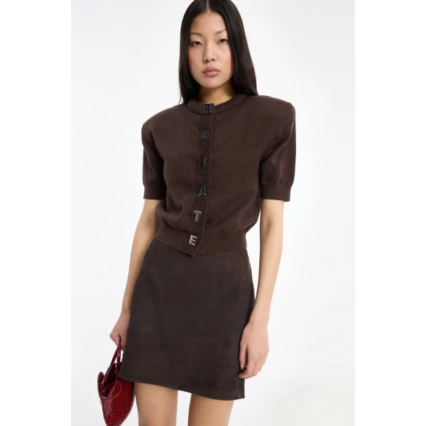 Rotate Birger Christensen Suede Mini Skirt Dark Brown, view 3