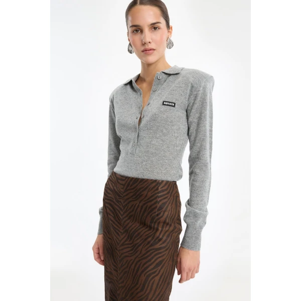 Rotate Birger Christensen Wool Longleeve Polo Grey Top, view 3