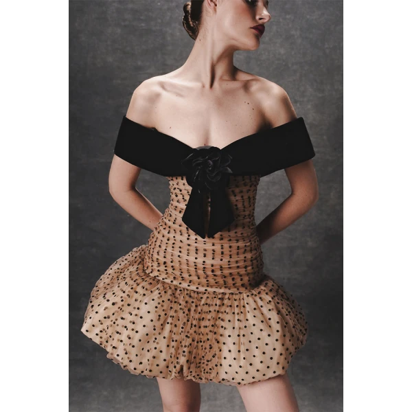 Rasario Draped polka dot tulle and velvet mini dress in Beige, view 2