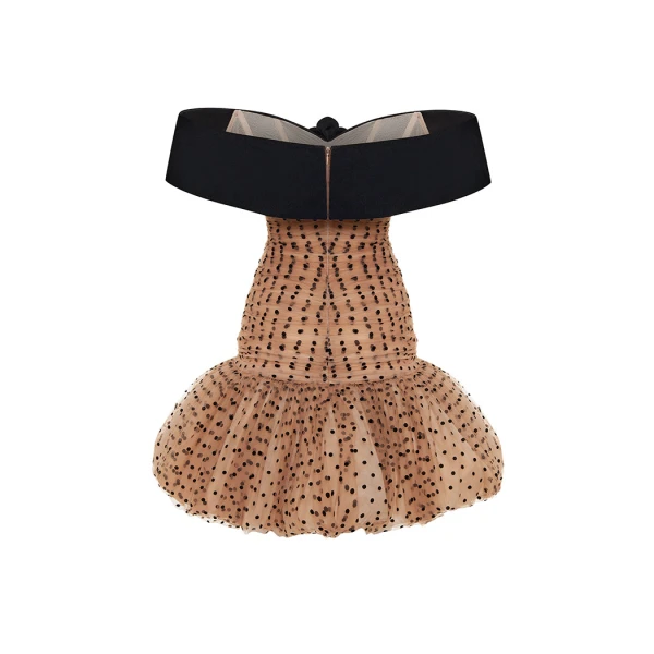 Rasario Draped polka dot tulle and velvet mini dress in Beige, view 3