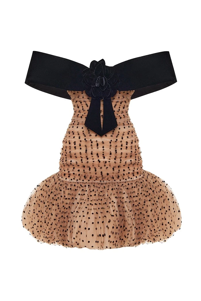 Rasario Draped polka dot tulle and velvet mini dress in Beige