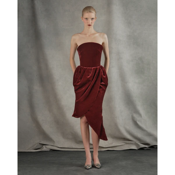 Rasario Asymmetrical velvet corset midi dress in Black, view 2