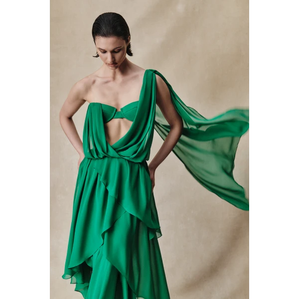 Rasario Chiffon asymmetric maxi dress with draping in Black, view 3