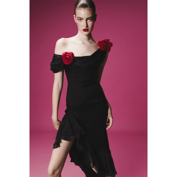 Rasario Chiffon midi dress with flowers in Black, view 2
