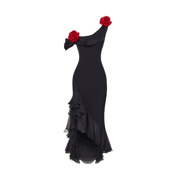 Rasario Chiffon midi dress with flowers in Black