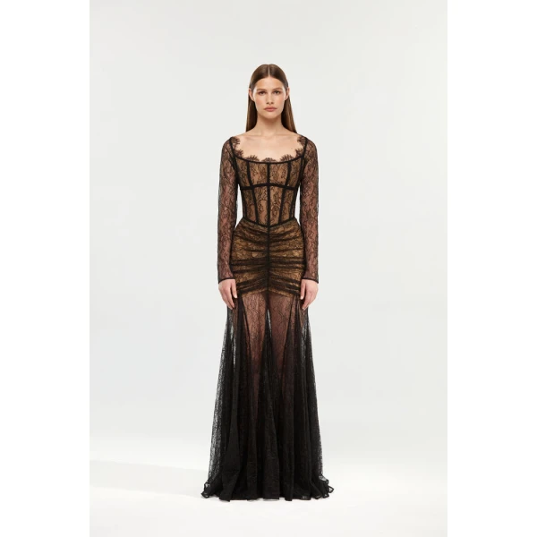 Rasario Corset lace gown with a draped skirt in Black, view 2