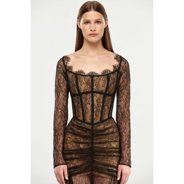 Rasario Corset lace gown with a draped skirt in Black, view 3