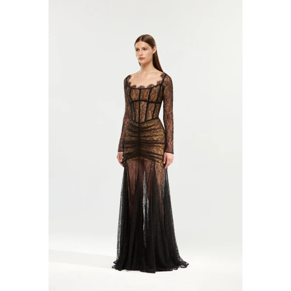 Rasario Corset lace gown with a draped skirt in Black, view 4