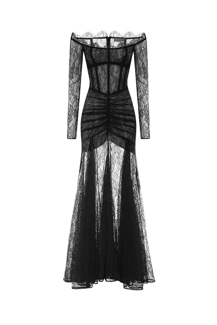 Rasario Corset lace gown with a draped skirt in Black