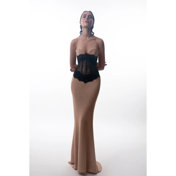 Rasario Crepe and lace corset maxi dress in Black, view 2