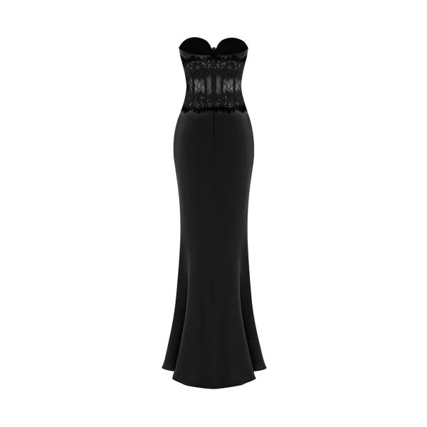 Rasario Crepe and lace corset maxi dress in Black, view 3