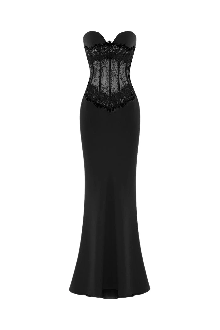 Rasario Crepe and lace corset maxi dress in Black