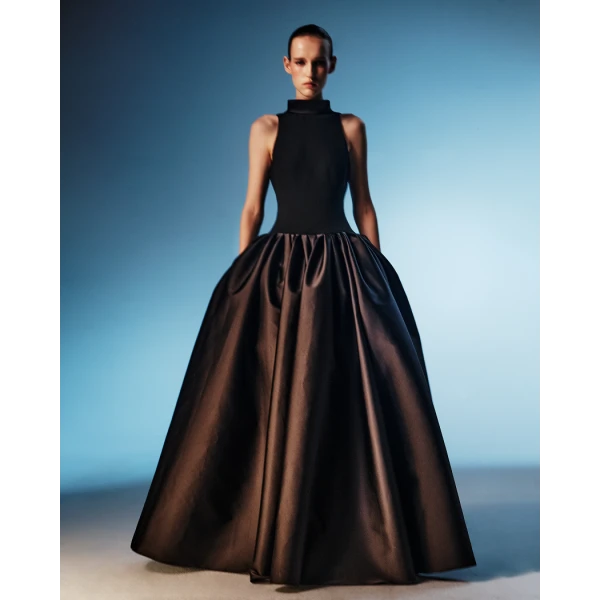 Rasario Crepe and satin maxi dress with a voluminous skirt in Black, view 3