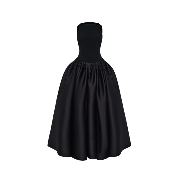 Rasario Crepe and satin maxi dress with a voluminous skirt in Black