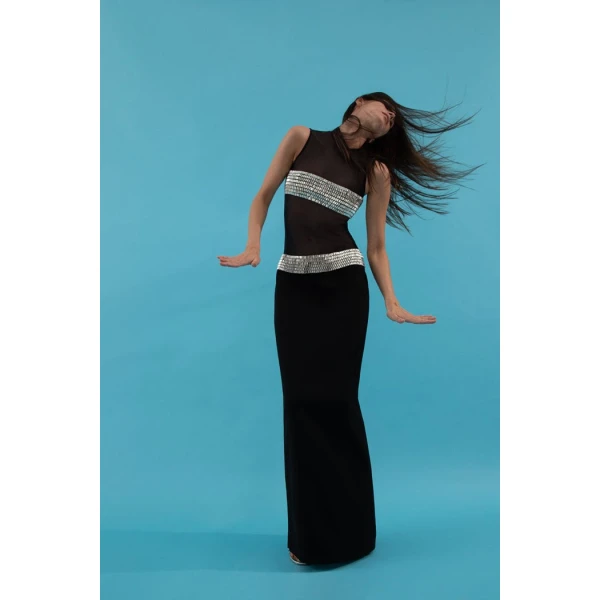 Rasario Crystal embellished crepe and mesh maxi dress in Black, view 2
