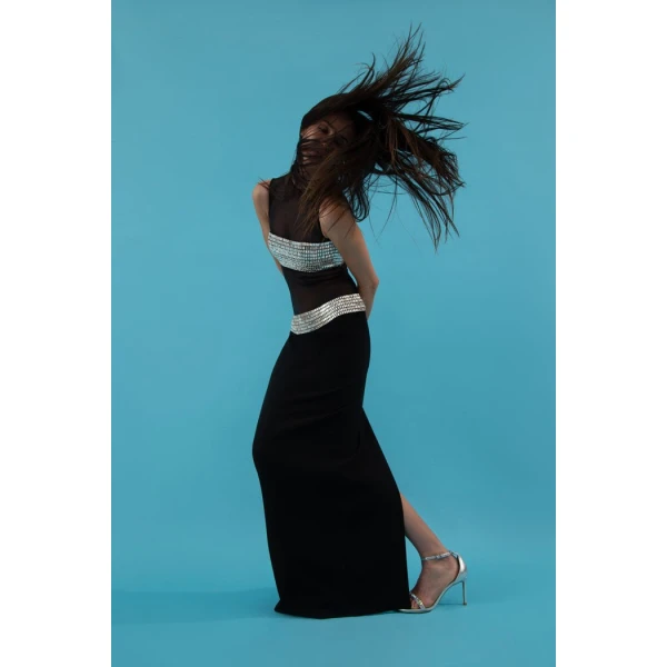 Rasario Crystal embellished crepe and mesh maxi dress in Black, view 3