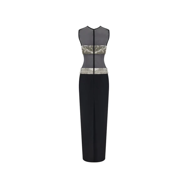 Rasario Crystal embellished crepe and mesh maxi dress in Black, view 5