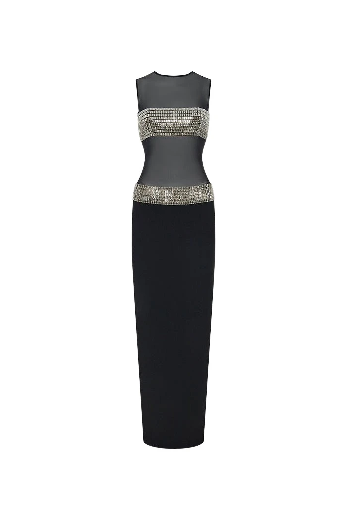 Rasario Crystal embellished crepe and mesh maxi dress in Black