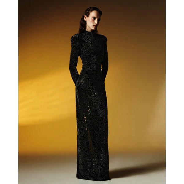 Rasario Crystal-embellished mesh maxi dress with voluminous shoulders in Black, view 2